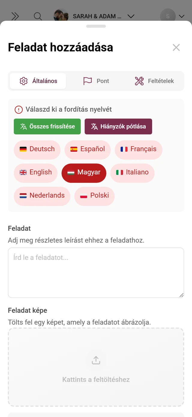 Feladatszerkesztő a feladat, a referenciakép, a pontok és a sorrend mezőivel