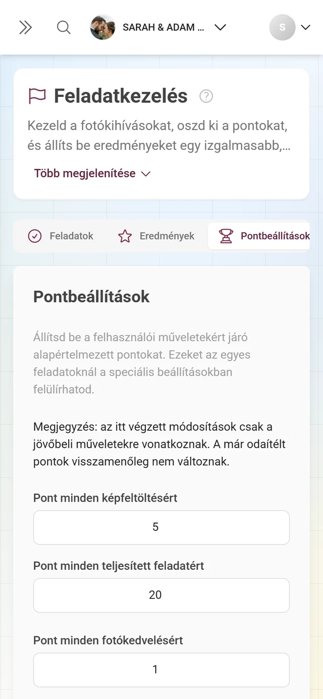 Pontbeállítások fül a műveletenkénti pontértékekkel
