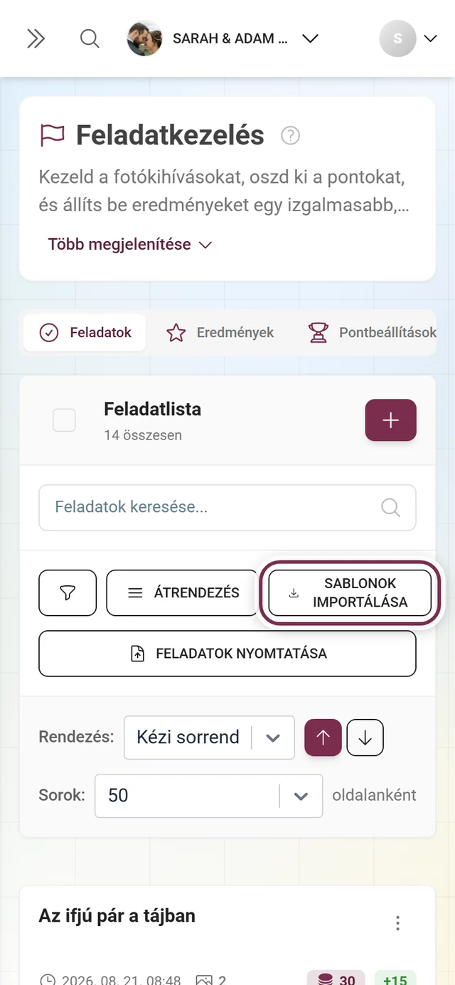 A feladatkezelés eszköztára a Sablonok importálása gombbal pirossal kiemelve