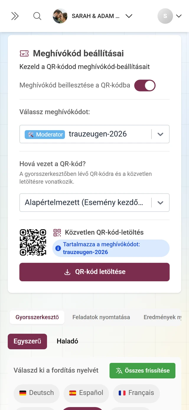 A Meghívókód beállításai kártya a kapcsolóval, a QR-céllal és a közvetlen letöltéssel