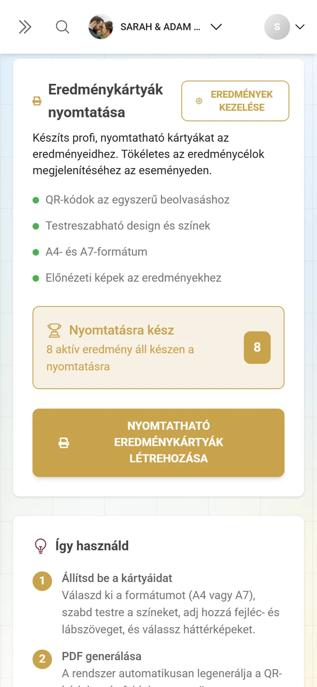 Az Eredmények nyomtatása fül az Eredménykártyák nyomtatása kártyával