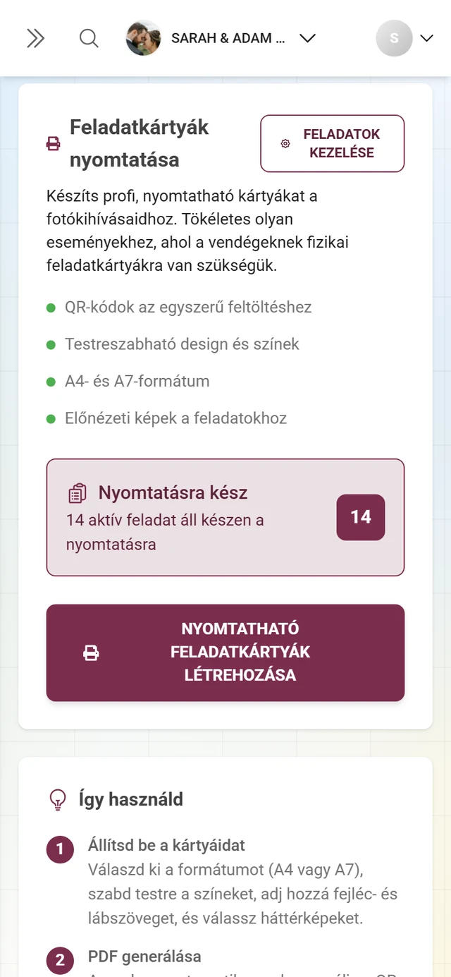 A Feladatok nyomtatása fül a Feladatkártyák nyomtatása kártyával