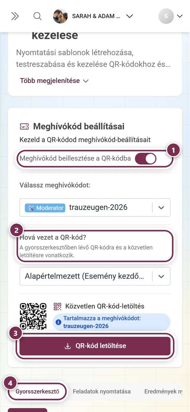 Nyomtatási sablonok oldal a meghívókód-kapcsolóval, QR-céllal, letöltés gombbal és fülekkel kiemelve