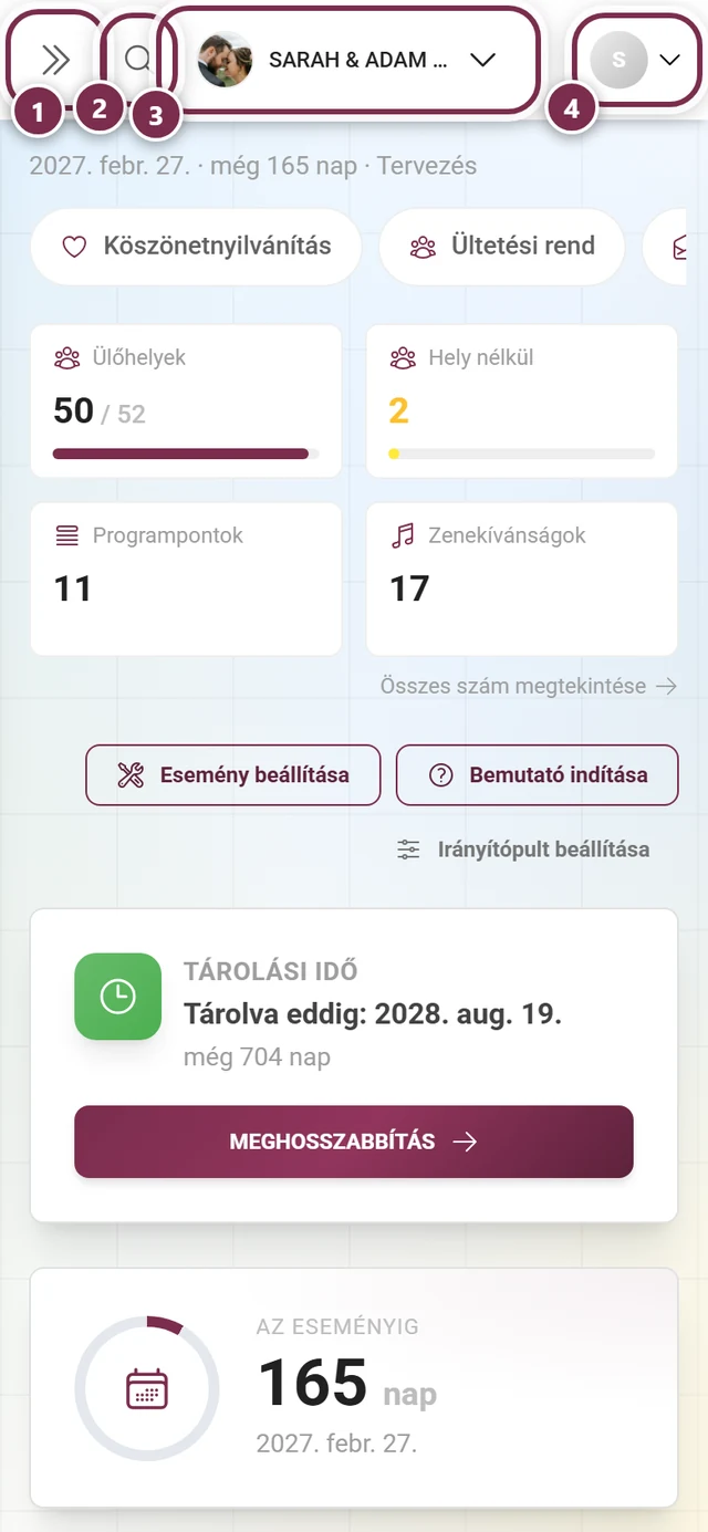 Az admin felület felső sávja mobilon, négy pirosan megjelölt elemmel 1-től 4-ig