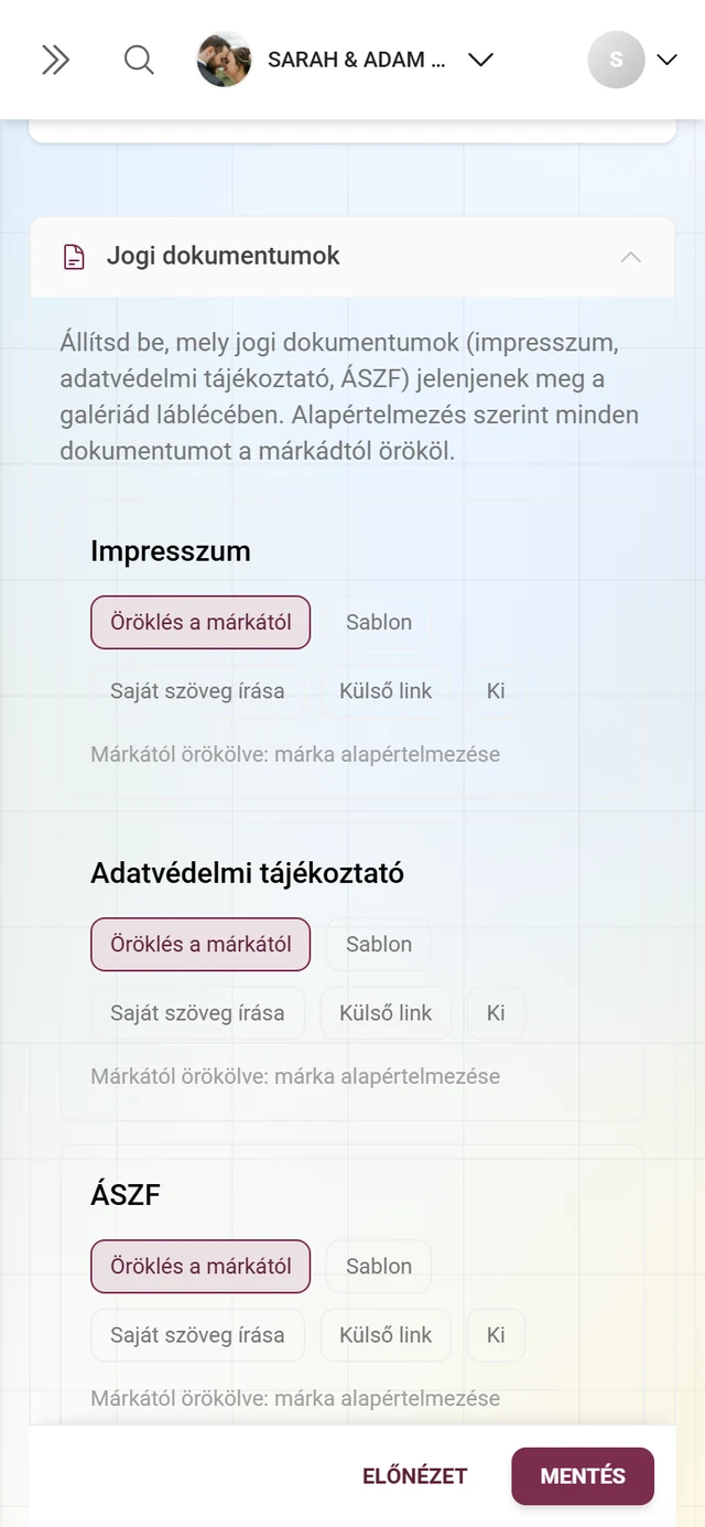 Kinyitott Jogi dokumentumok szakasz a White-Label fülön