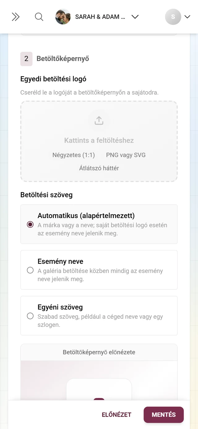 2. blokk, Betöltőképernyő, a logó ejtési területével és a betöltési szöveg három opciójával