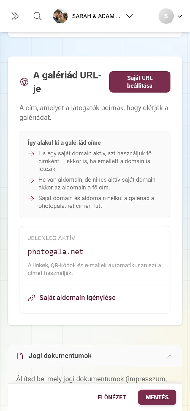 A galériád URL-je szakasz az aktuális címmel