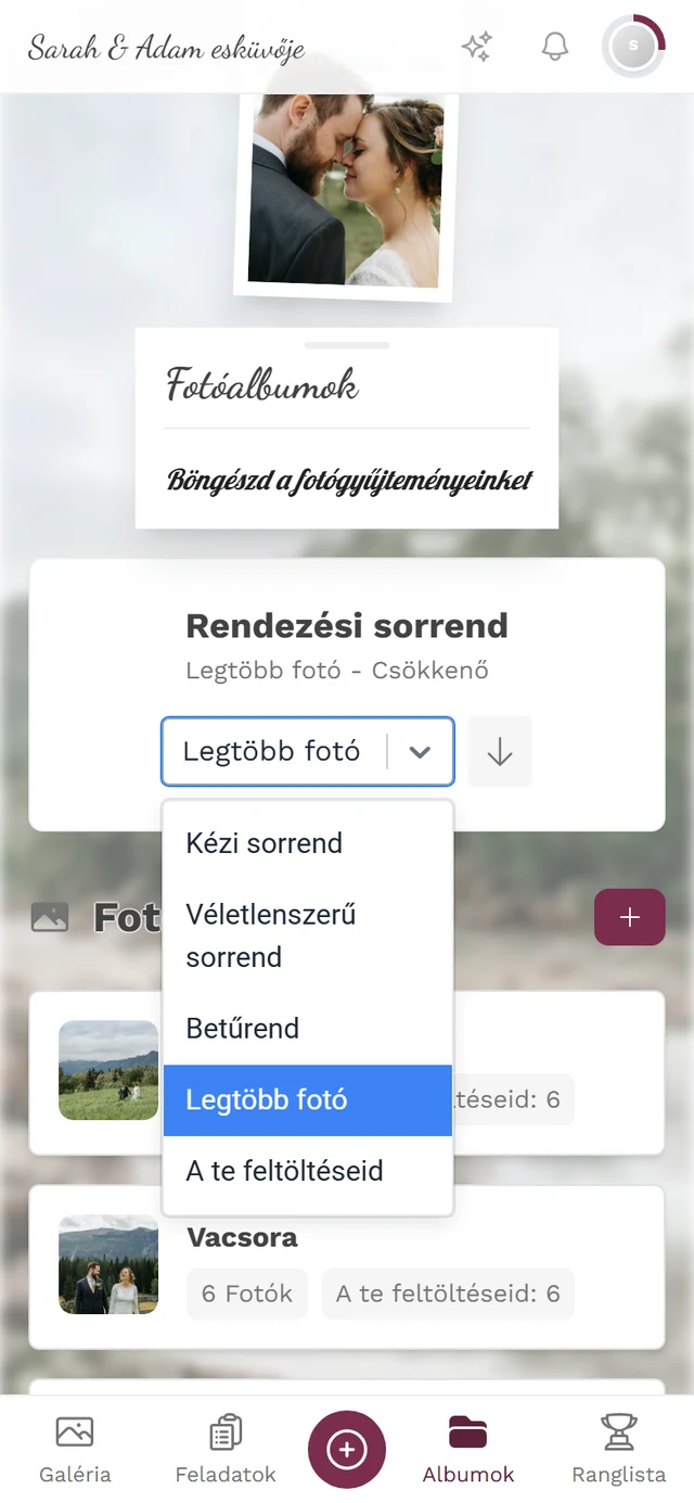 Nyitott rendező legördülő lista az öt lehetőséggel