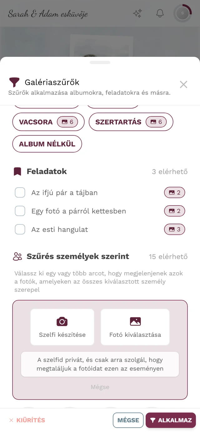 Keress meg forrásválasztó a Szelfi készítése és Fotó kiválasztása gombokkal, valamint az adatvédelmi megjegyzéssel