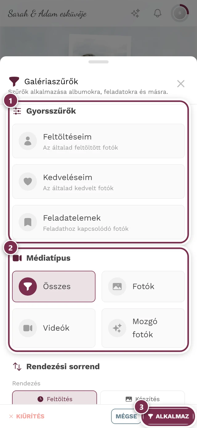 Szűrőpanel a Gyorsszűrők, Médiatípus, Rendezési sorrend és Albumok szakaszokkal