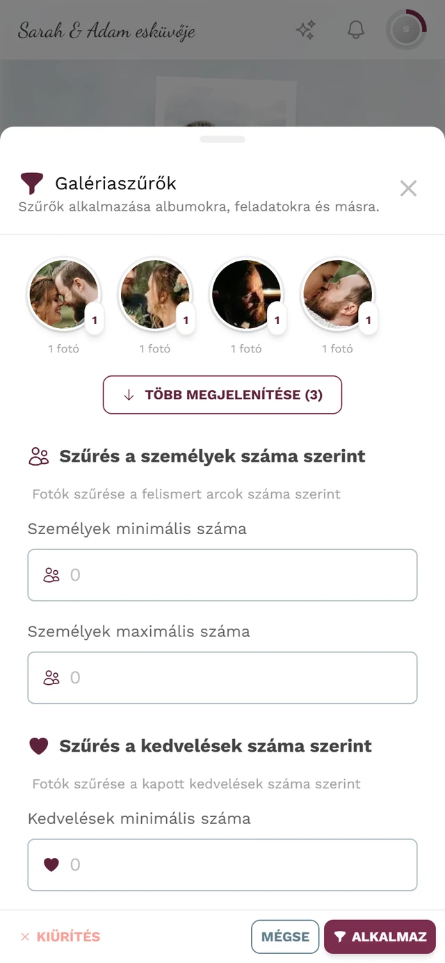Szűrés a személyek száma szerint rész a Minimális és Maximális személyszám mezőkkel
