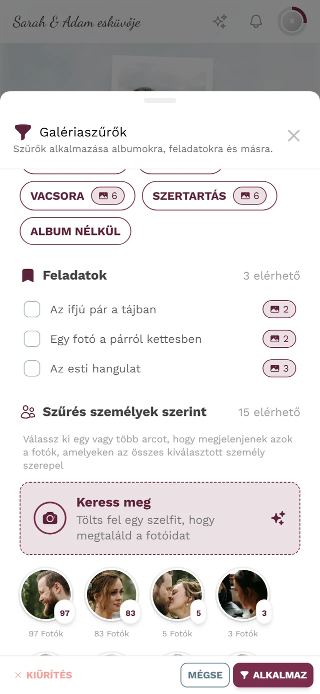 Személyek és arcok kiválasztása a szűrőben