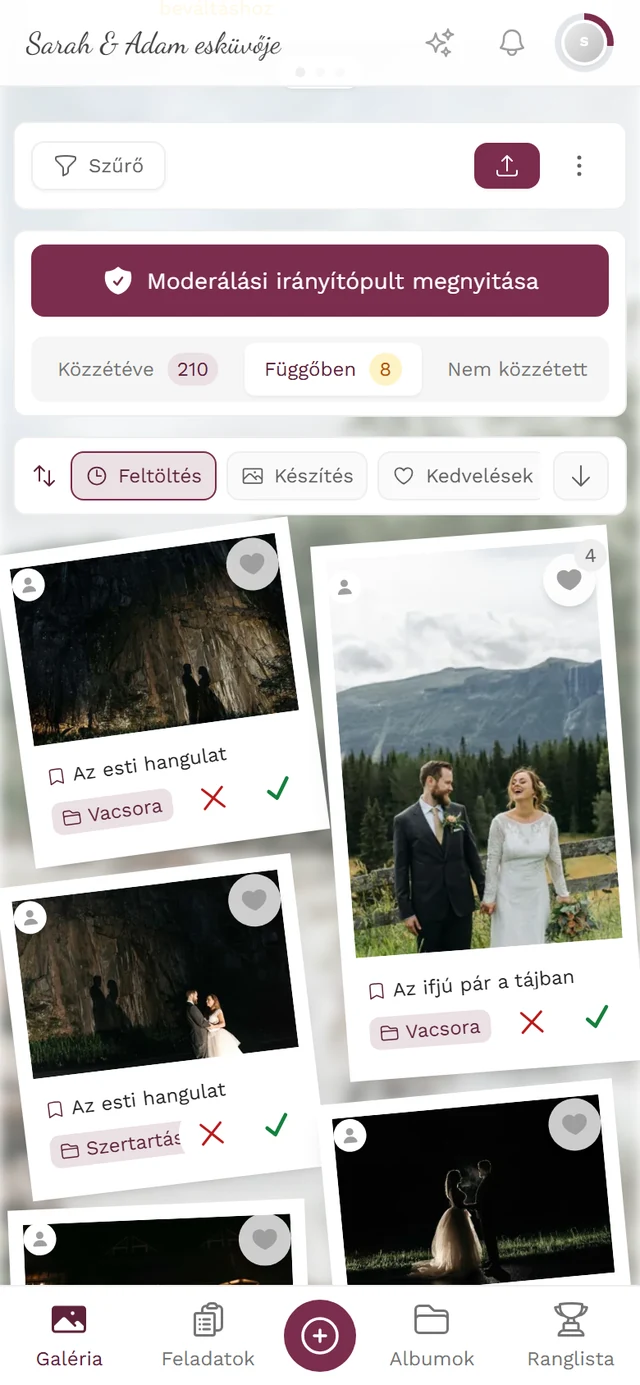 Galéria polaroid elrendezésben, a Közzétéve, Ellenőrzésre vár és Nem közzétett fülsorral, valamint piros X-szel és zöld pipával a fotókon
