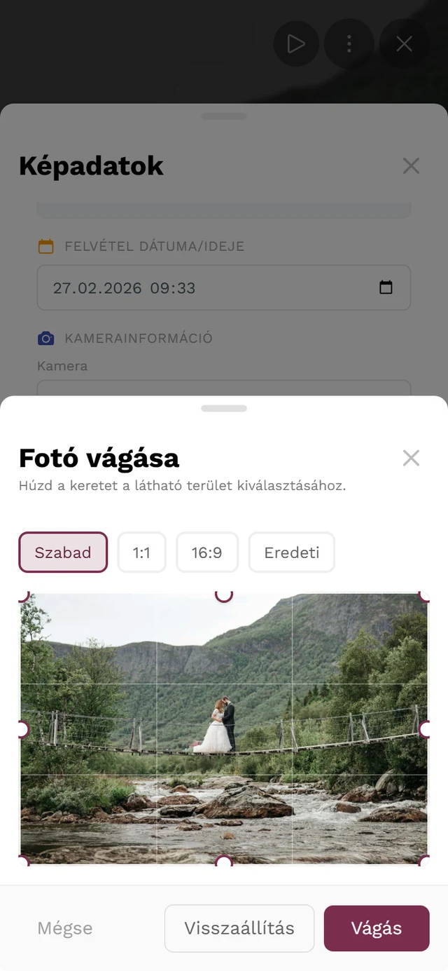 Fotó vágása párbeszédablak Szabad, 1:1, 16:9 és Eredeti képarányokkal, a kerettel és kerek sarokfogantyúkkal, valamint a Mégse, Visszaállítás és Vágás gombokkal