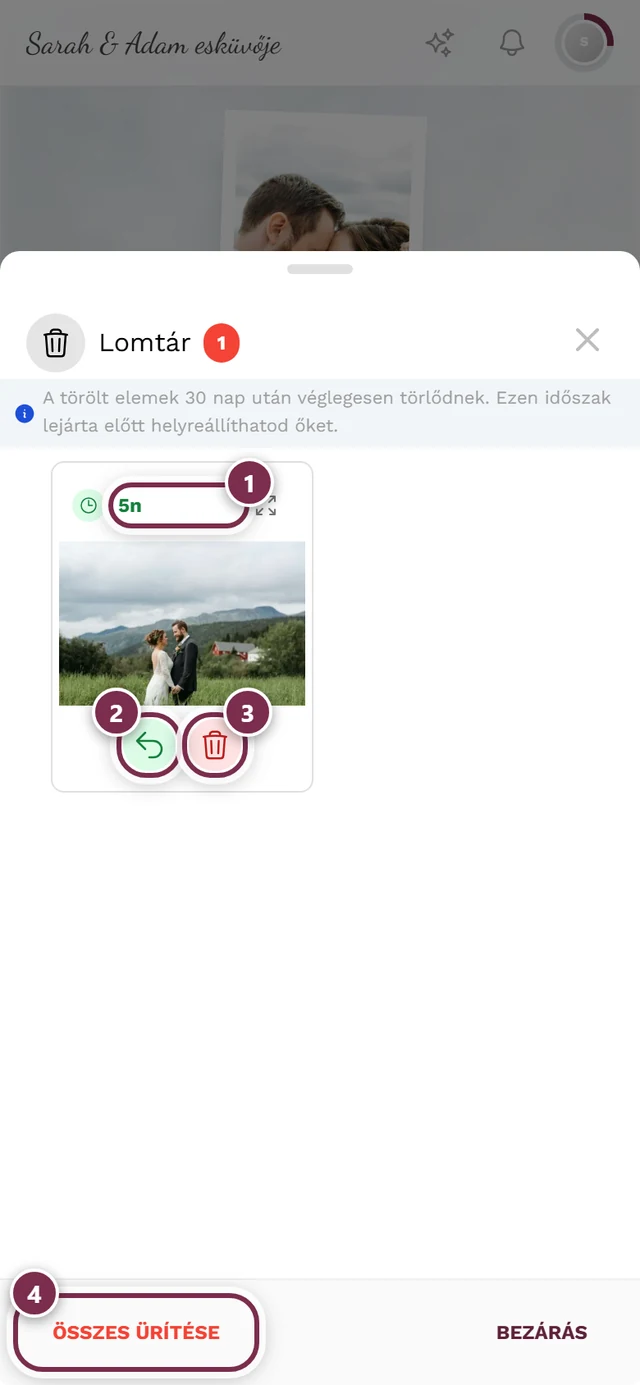 Lomtár ablak kiemelt hátralévő idő chippel, Helyreállítás, Végleges törlés és Összes ürítése gombokkal