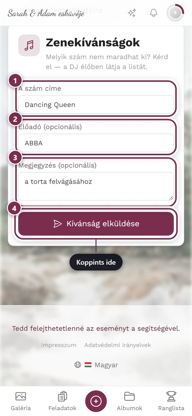 Kitöltött űrlap Dancing Queen, ABBA és egy megjegyzés adataival, alatta a Kívánság elküldése gombbal