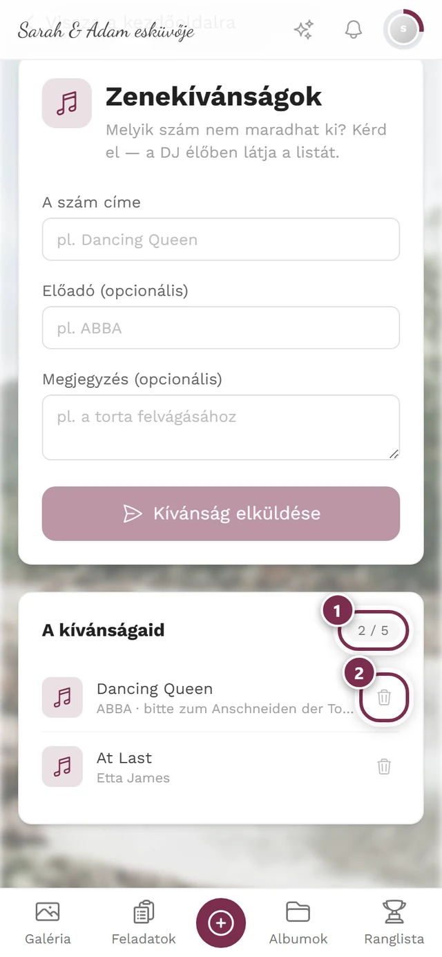 A kívánságaid szakasz két bejegyzéssel, a 2 / 5 számlálóval és a kuka ikonokkal