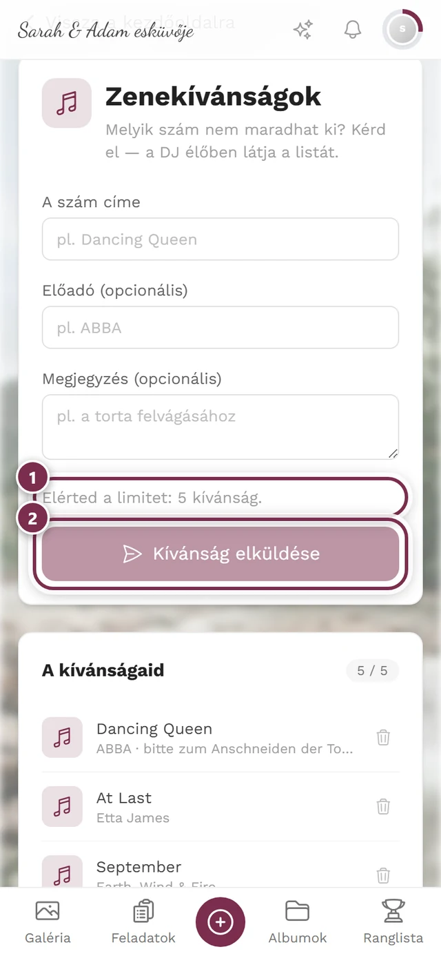 Űrlap szürke gombbal és az Elérted a limitet: 5 kívánság üzenettel
