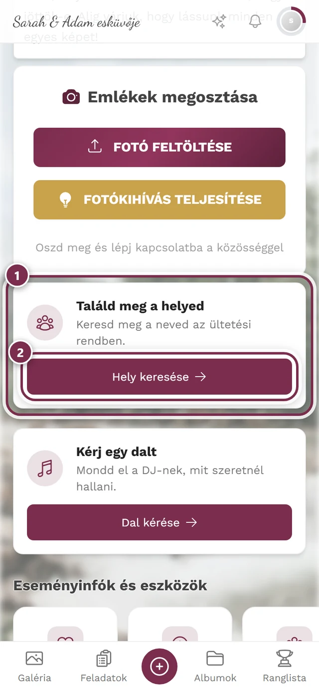 Az esemény kezdőoldala a Kérj egy dalt kártyával és a Dal kérése gombbal