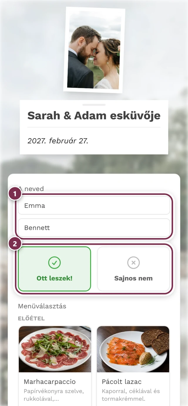 Klasszikus nézet asszisztens nélkül, a névmezőkkel, a részvétel-kártyákkal és alattuk a menüvel