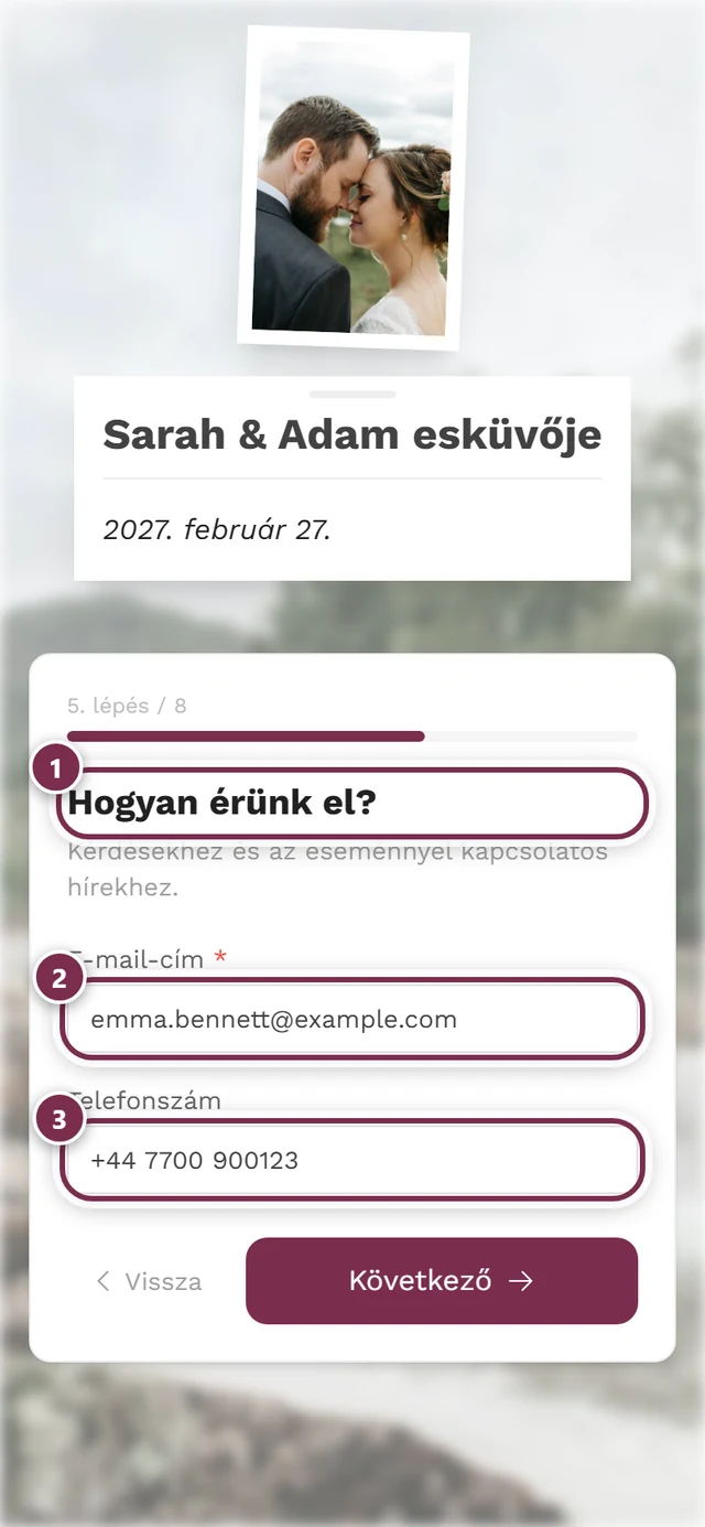 Hogyan érünk el? lépés kötelező e-mail mezővel és opcionális telefonmezővel