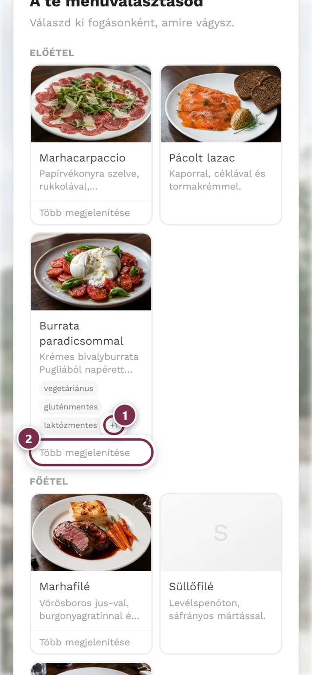 Ételkártya a jelölések között egy +1 buborékkal és a Több megjelenítése gombbal