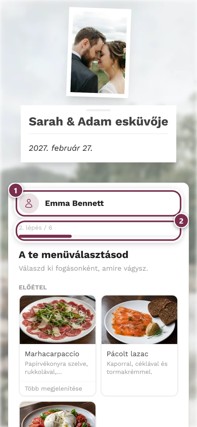 Személyes linken keresztül megnyitott válaszűrlap, fent a névkártyával és a 2/6. lépést mutató lépésjelzővel