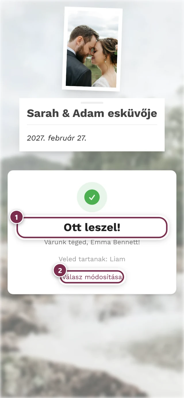 Visszaigazoló oldal az Ott leszel! címmel és a Válasz módosítása gombbal