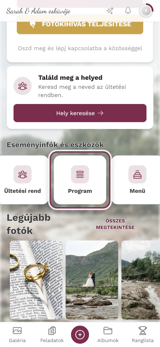 Az esemény kezdőoldala a Program mozaik kiemelésével az eszközsávban
