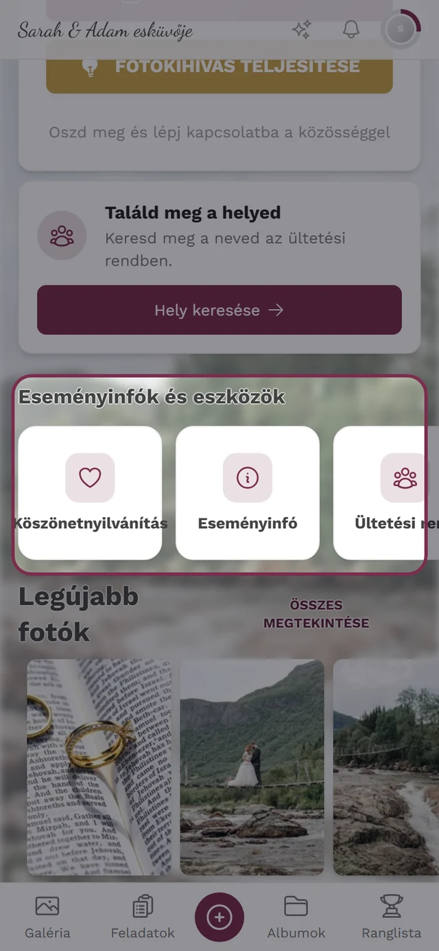 Az esemény kezdőoldala, kiemelve az Eseményinfók és eszközök sávval