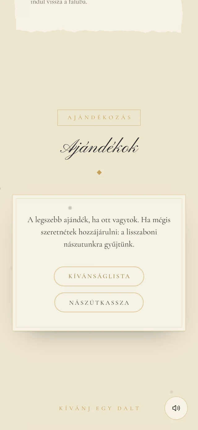 Ajándékok szakasz egy szöveggel és két pirula alakú gombbal, Kívánságlista és Utazási kassza