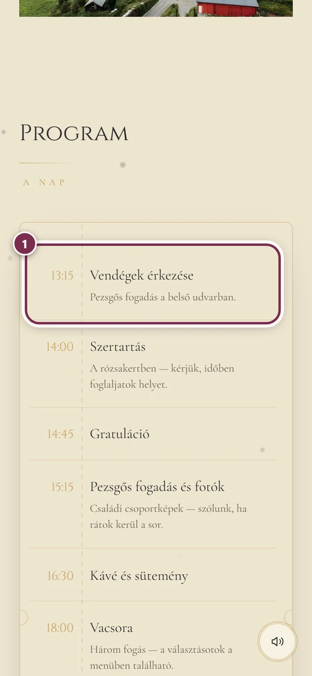 Program szakasz idővonallal, gyűrűvel az első programpont körül