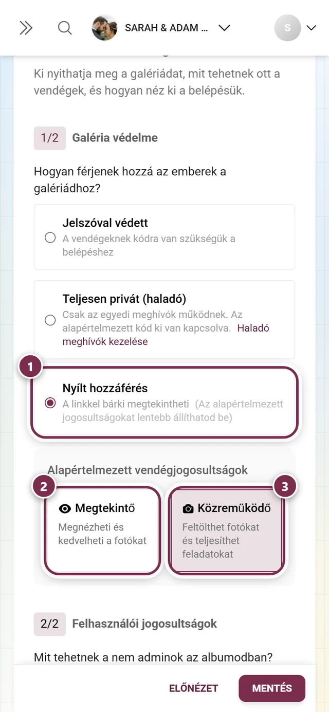 Galéria védelme a Nyílt hozzáférés opcióval kiválasztva, a Megtekintő és Közreműködő csempékkel