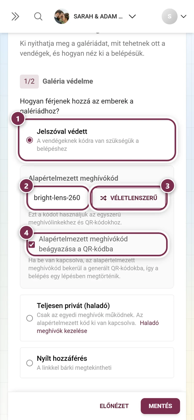 Galéria védelme a Jelszóval védett opcióval kiválasztva, az Alapértelmezett meghívókód mező, a Véletlenszerű gomb és a QR-kód jelölőnégyzet
