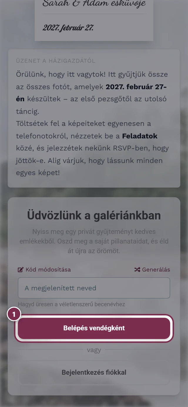 A neved beviteli mező, kiemelt Tovább a fotókhoz gombbal