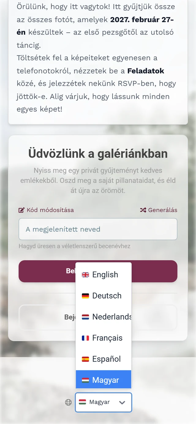 A csatlakozási oldal láblécének, a földgömb ikonnak és a kinyílt nyelvlistának a részlete