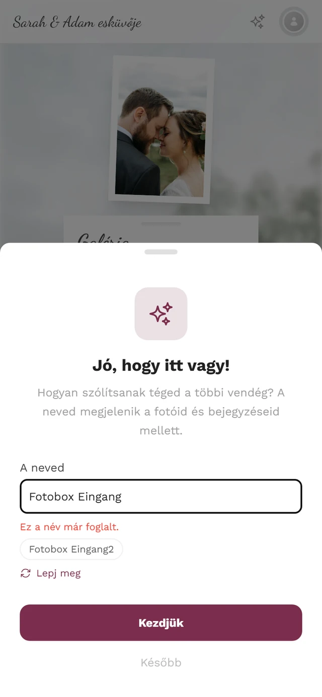 Ugyanaz a párbeszédablak a piros Ez a név már foglalt figyelmeztetéssel és a Fotófülke Bejárat2 javaslattal alatta