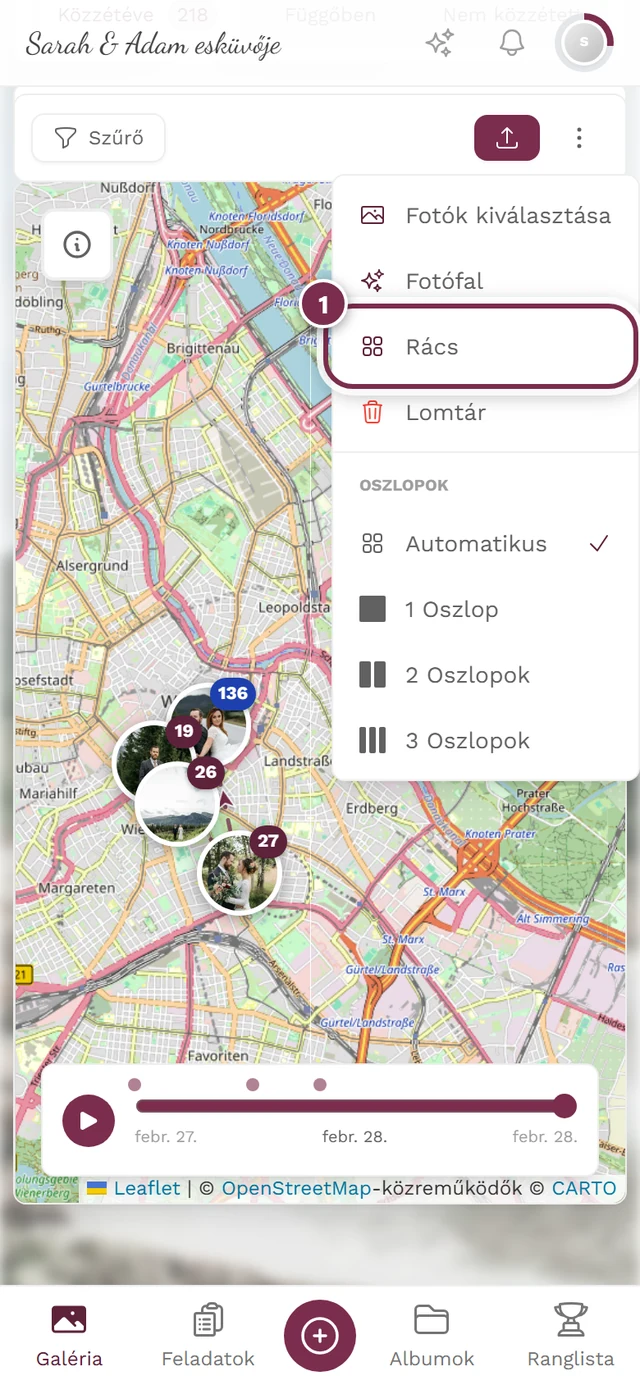 Térképnézet a kiemelt Rács gombbal