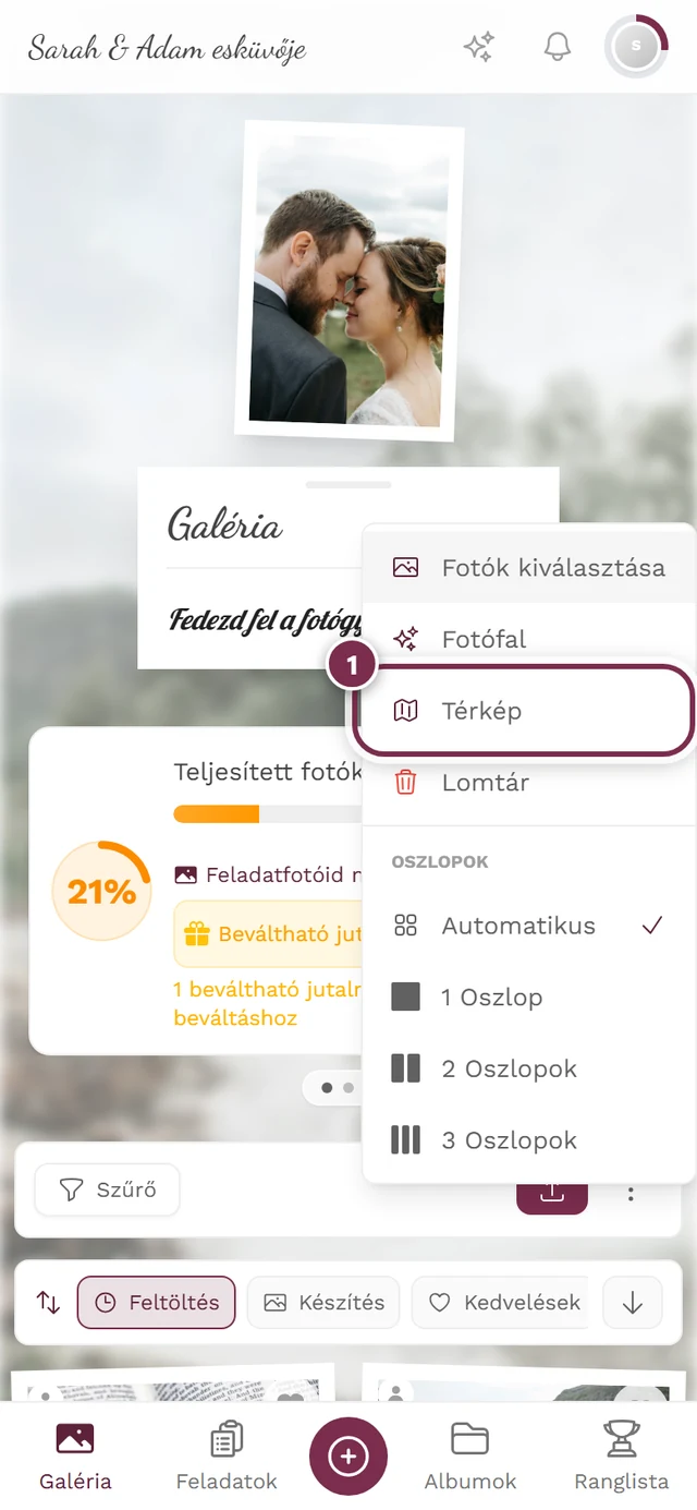 Megnyitott háromponts menü a galériában, kiemelt Térkép menüponttal
