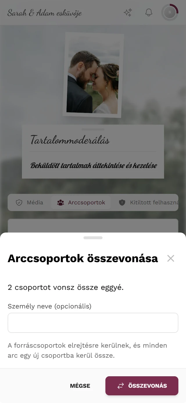 Arccsoportok összevonása párbeszédablak a csoportok számával, a Személy neve (opcionális) mezővel, valamint a Mégse és Összevonás gombbal