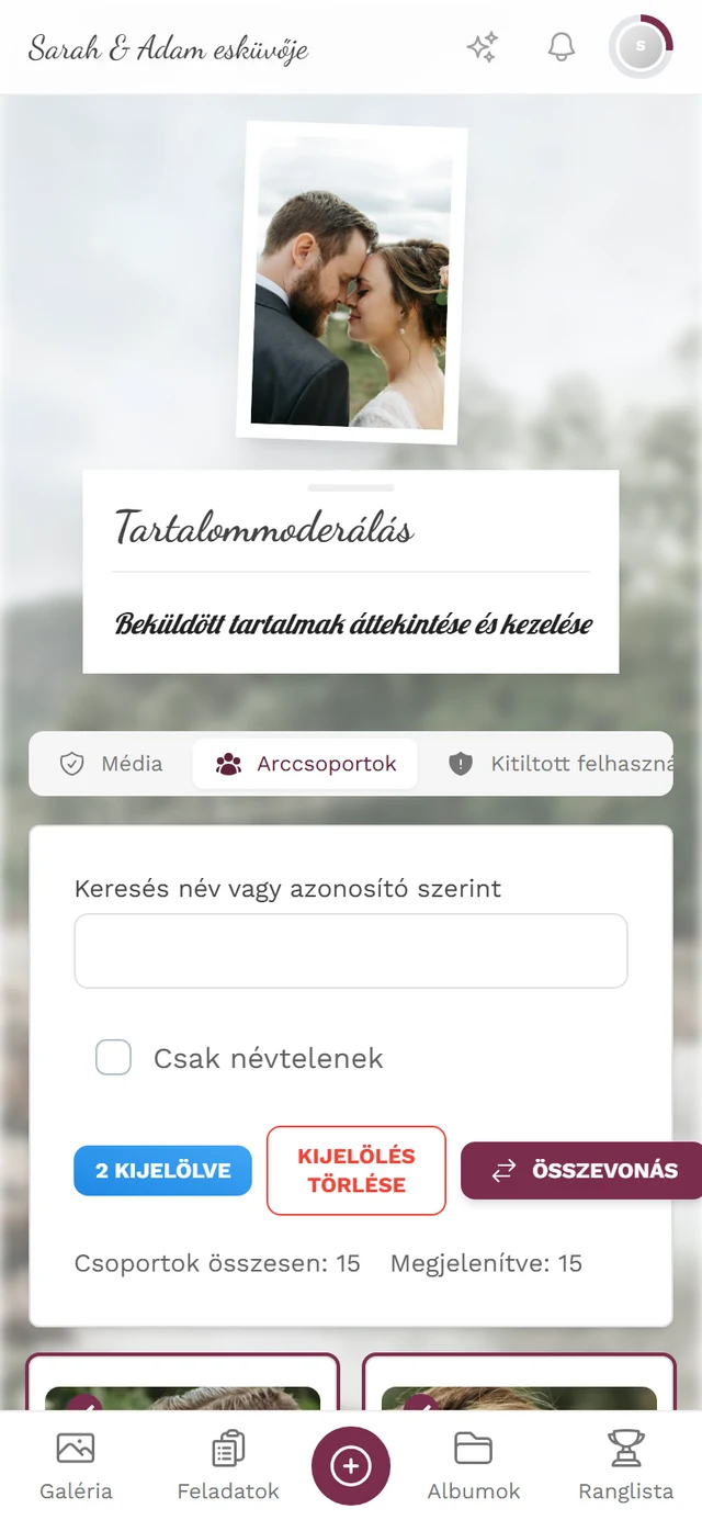Két bejelölt csoportkártya, felettük a sáv 2 kijelölve, Kijelölés törlése és Összevonás felirattal