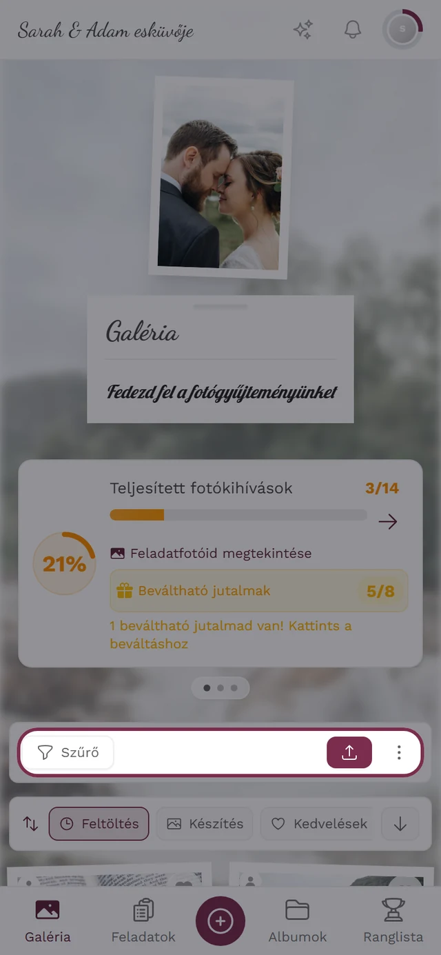 Galéria eszköztár a Szűrő, Feltöltés, Kiválasztás, Fotófal és Térkép gombokkal