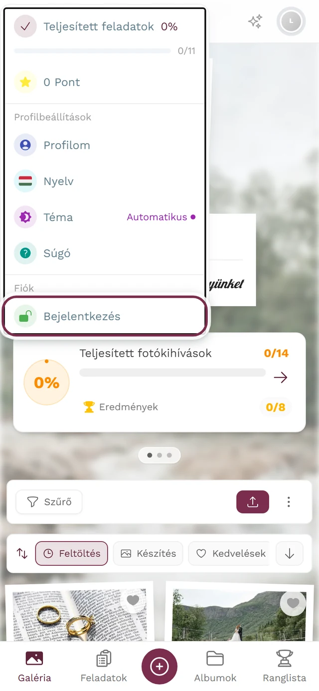 A jobb felső profilmenü nyitva, kiemelve a Bejelentkezés menüponttal