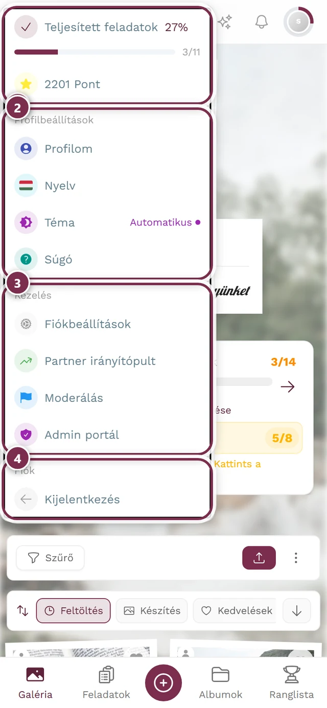Jobb felső profilmenü a Kezelés szakasszal és az Admin portál menüponttal