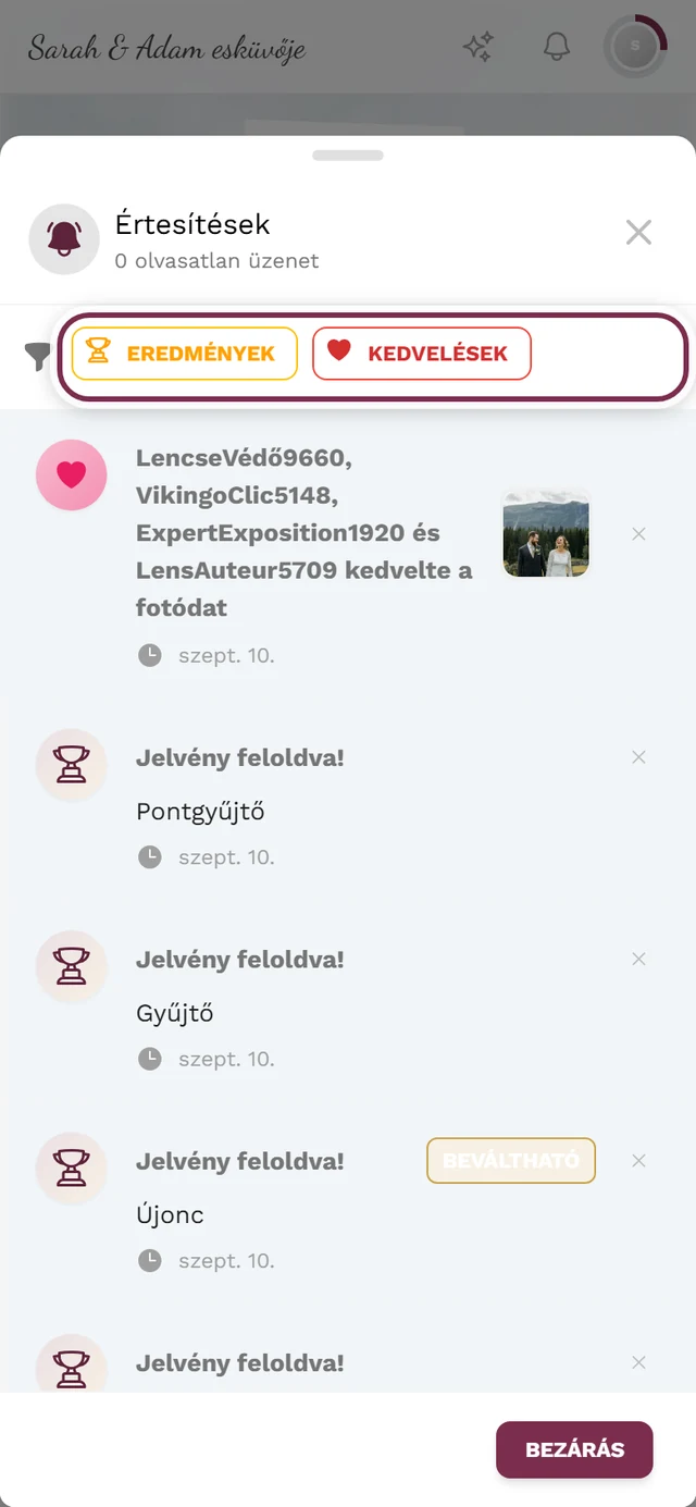 Nyitott értesítési menü, kiemelve a típus szerinti szűrősáv
