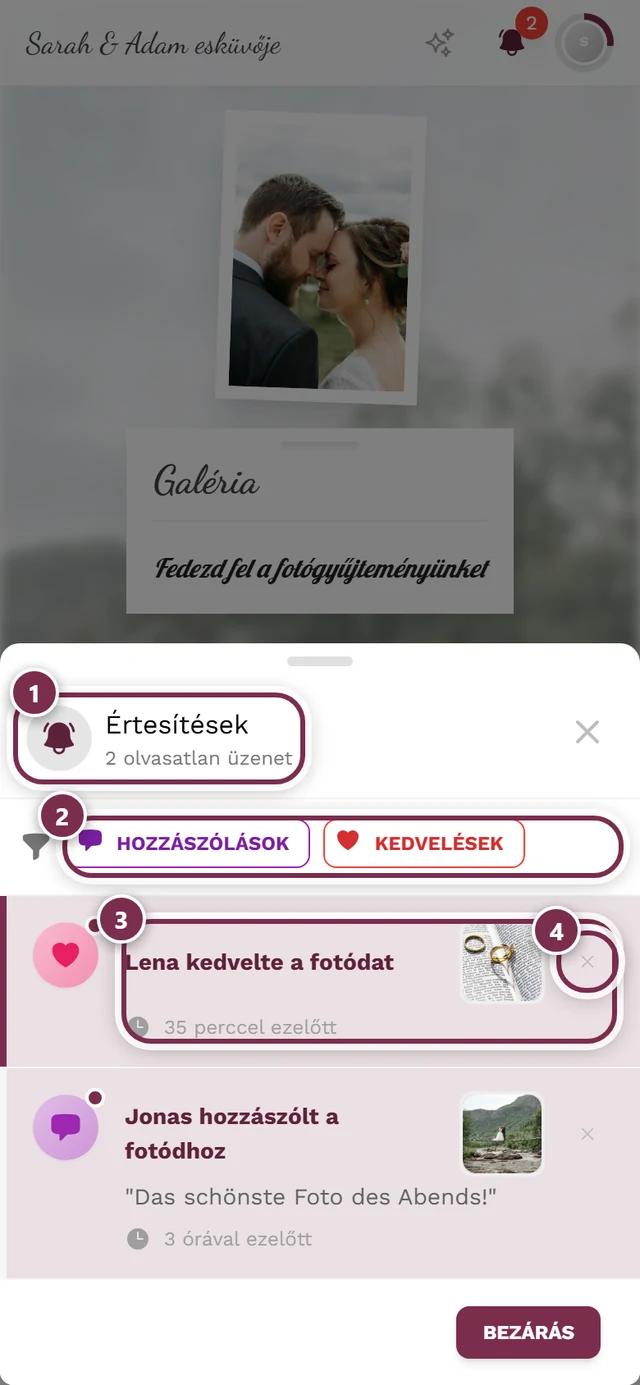 Értesítési ablak négy jelöléssel: fejléc, szűrő, tétel, törlés