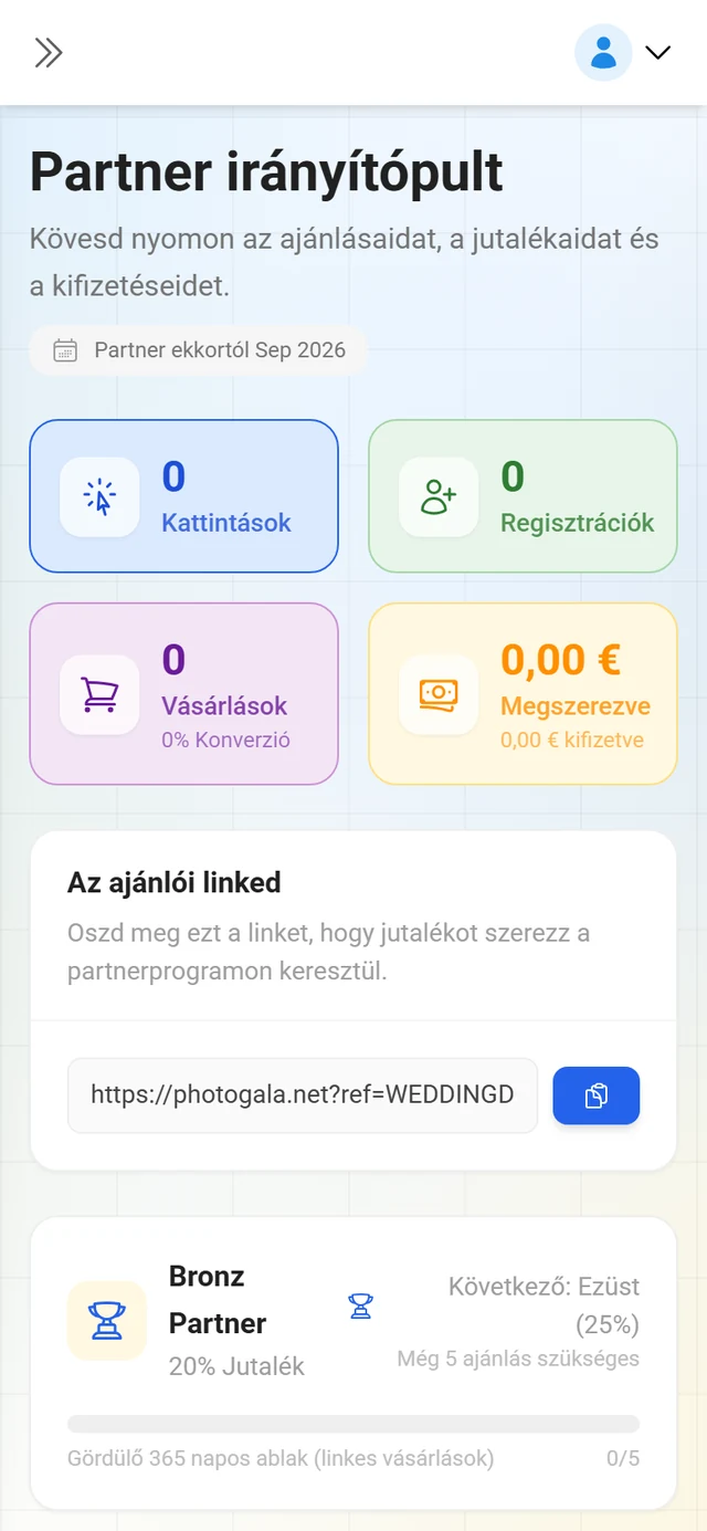 Affiliate irányítópult mutatókkal és ajánlólinkkel