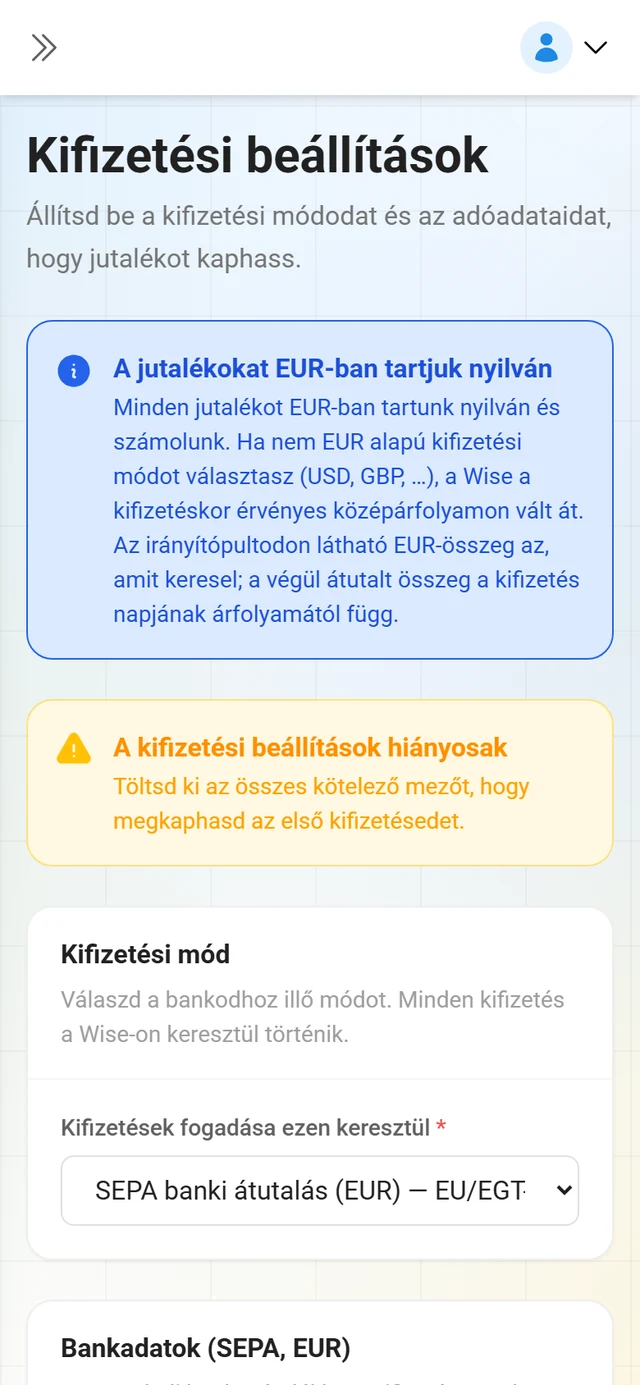 Kifizetési beállítások és adóadatok a partnerfelületen