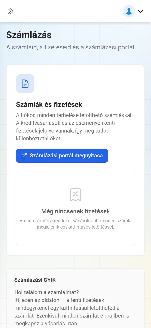 Számlázás oldal a Számlák és fizetések listával