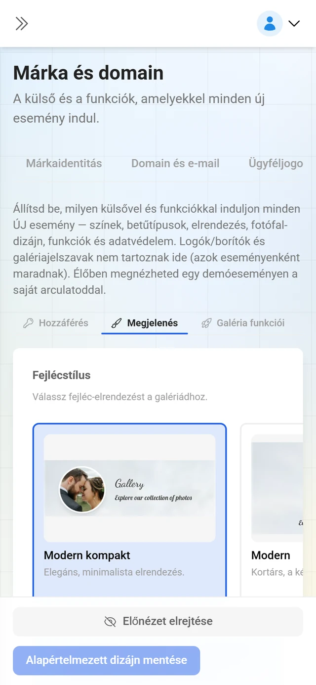 Az Alapértelmezett dizájn fül stílus-, fotófal- és adatvédelmi beállításokkal